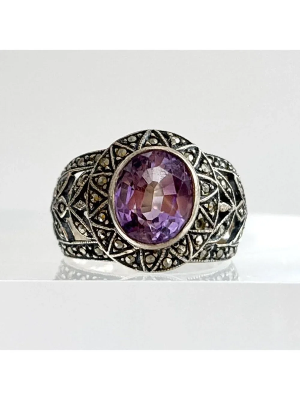 Art Deco Amethyst Gemstone Marcasite Sterling Silver 925 Vintage Ring - sz 5.75